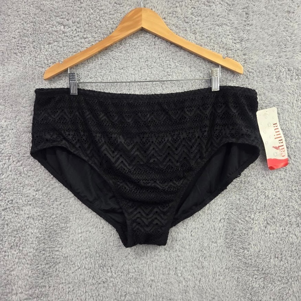Catalina Swim Bottoms Women's 3X Black Crochet Lace Chevron Full Coverage‎ NWT